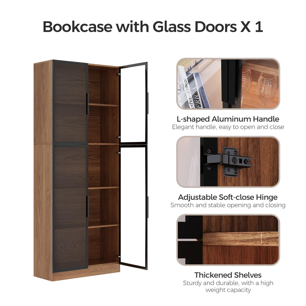 78.7" H Tall Bookcase Storage Cabinet with LED Lights and Drawers, 5 Tier Wood Storage Shelves with Glass Doors, Expandable Bookshelf Display Cabinet for Living Room, Home Office (A+C+B)