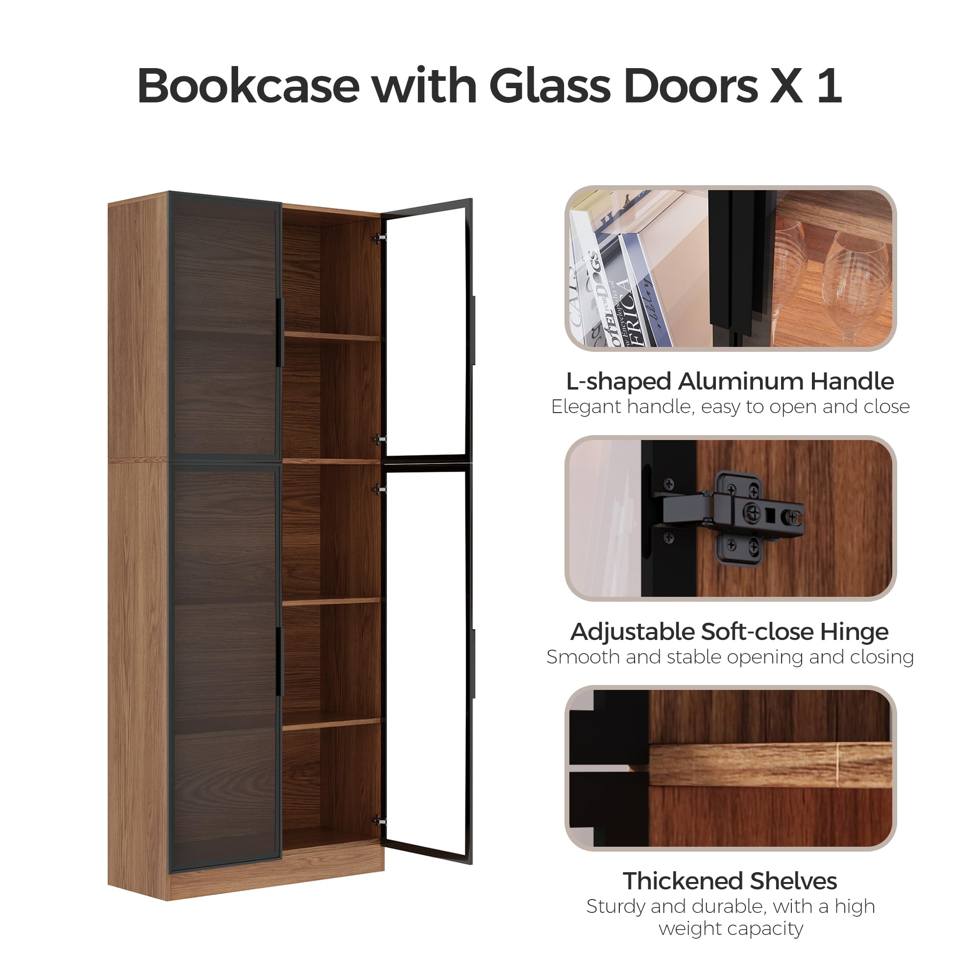 78.7" H Tall Bookcase Storage Cabinet with LED Lights and Drawers, 5 Tier Wood Storage Shelves with Glass Doors, Expandable Bookshelf Display Cabinet for Living Room, Home Office (A+C+B)