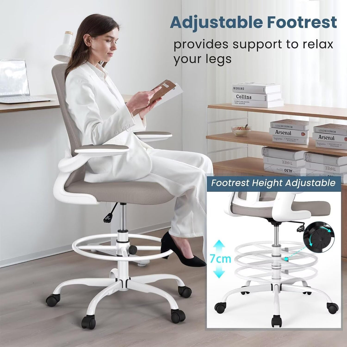 Drafting Chair Tall Office Standing Executive Ergonomic Computer Chair with Flip-Up Armrests, Adjustable Footrest Ring, Lumbar Support, Adjustable Swivel Desk Chair for Home Office (Light Grey)