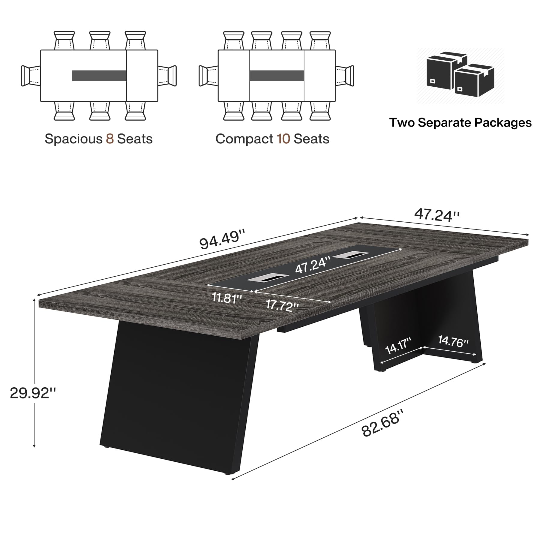 8ft Conference Table, Large Meeting Table for 8-10 People, Business Seminar Furniture for Office Conference Room (1, Grey + Black)