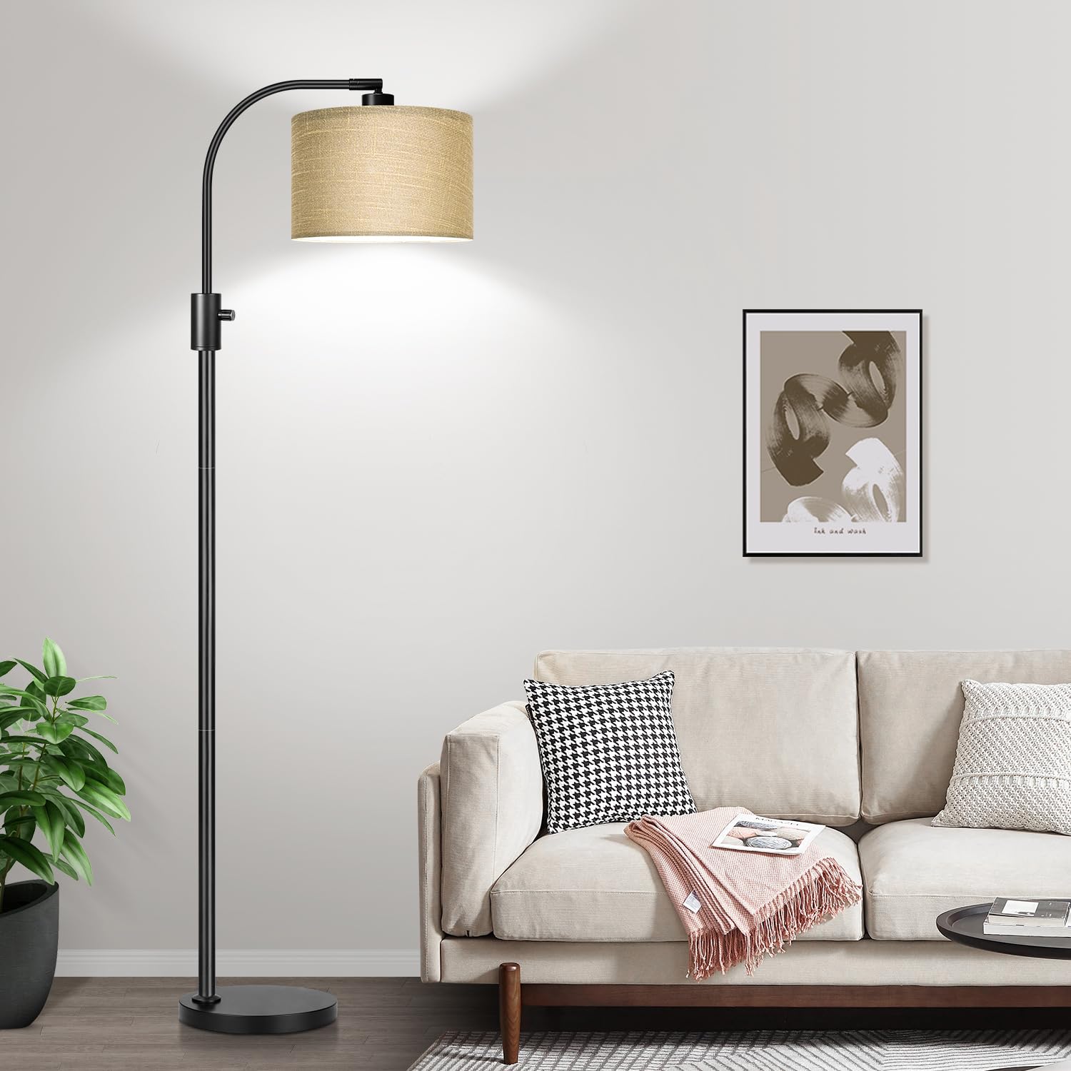 Upgraded Modern Arc Dimmable Tall Standing Floor Lamp with Champagne Shade, 1200 Lumens LED Bulb Included, for Living & Reading Room, Bedroom, Office & Nursery, Black