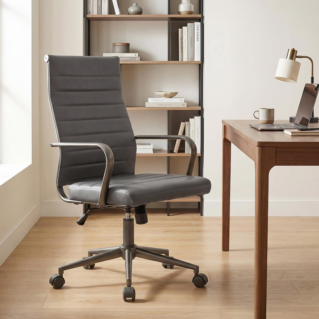 Leather Office Desk Chair, Ergonomic Mid Century Modern Conference Room Chairs, Executive Ribbed Height Adjustable Swivel Rolling Chair for Home Office.
