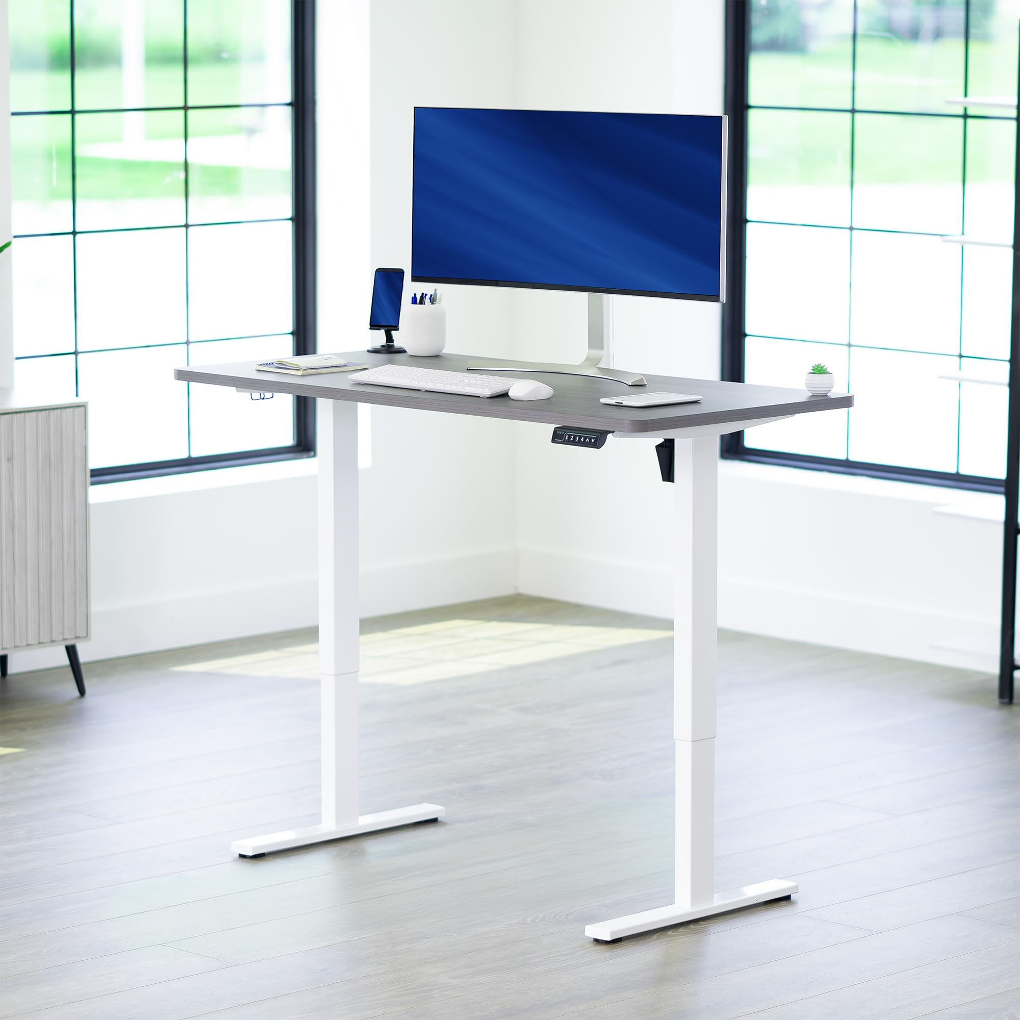Electric 55 x 28 in Standing Desk, Memory Height Adjustment, 1B Series, Holds 220 lbs, One-Piece Dark Gray Top, White Frame