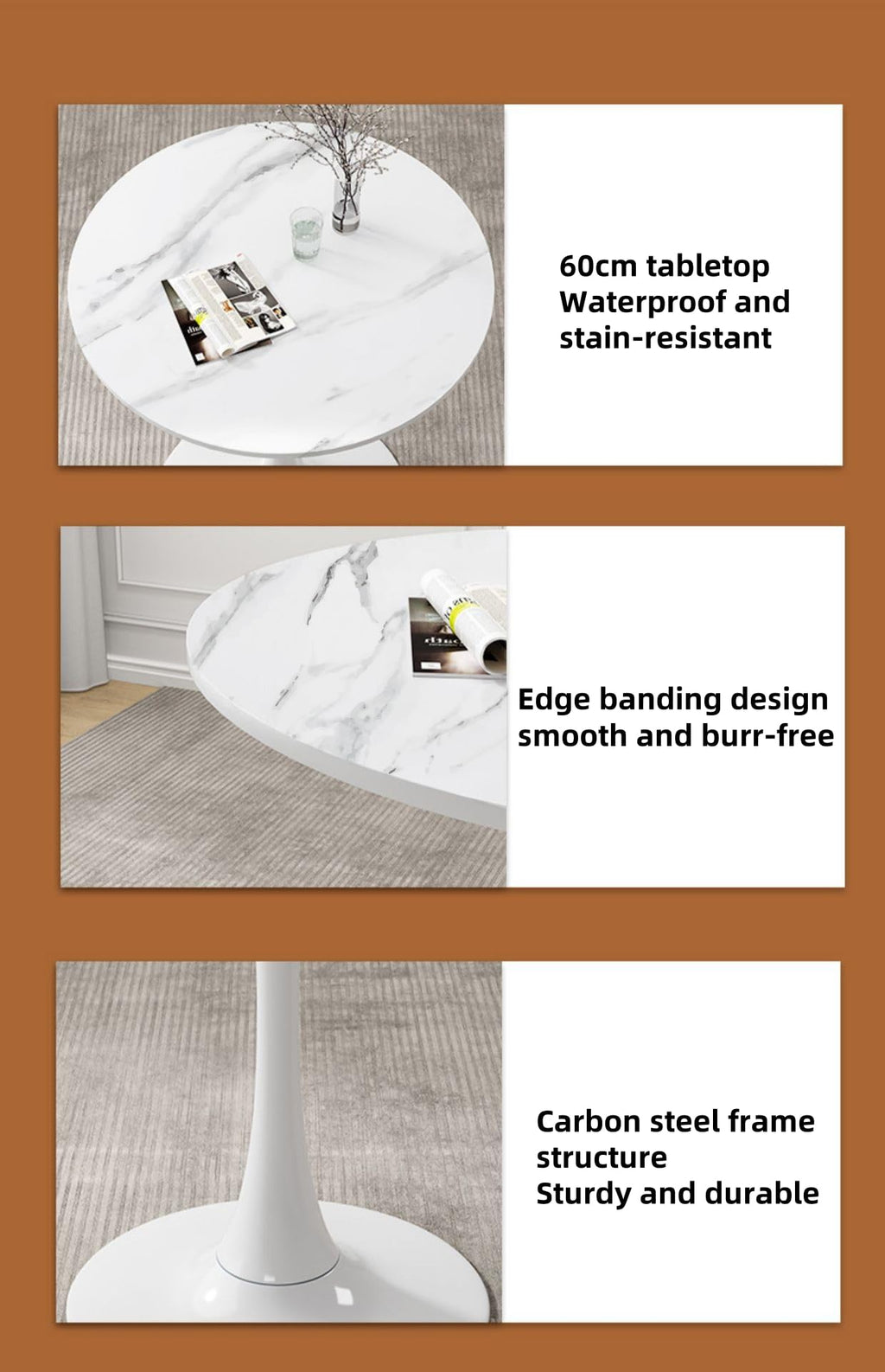 Sybrioka 24" Tulip Table for 1-2 Persons Modern Round Dining Table, Mid-Century Modern White Marble Small Kitchen Table with MDF Wooden Top, Leisure Coffee Table for Living Room, Dining Room, Office