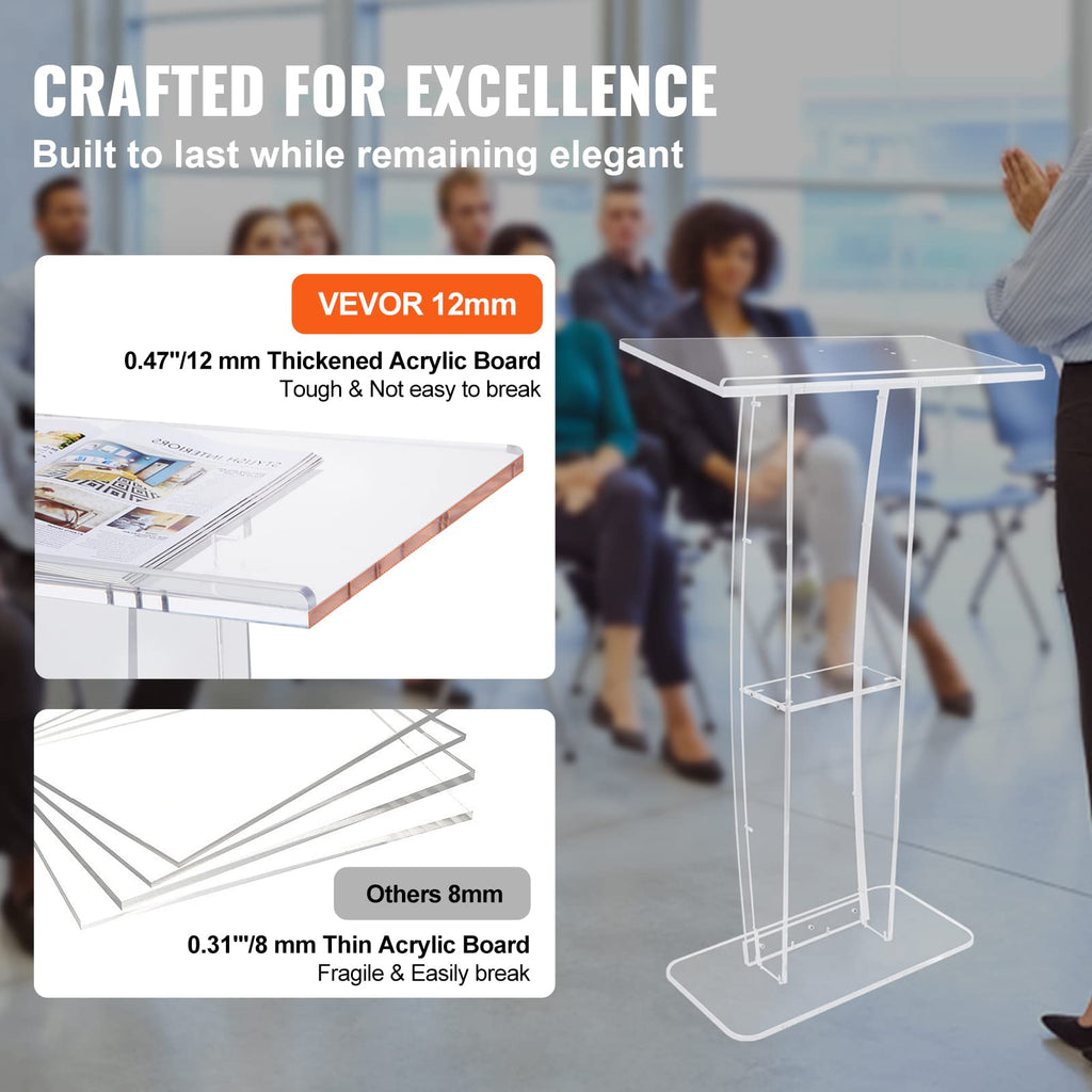 Acrylic Podium, 47" Clear Acrylic Podium Stand with Wide Reading Surface & Storage Shelf, Floor-Standing Clear Pulpits Acrylic for Church Office School