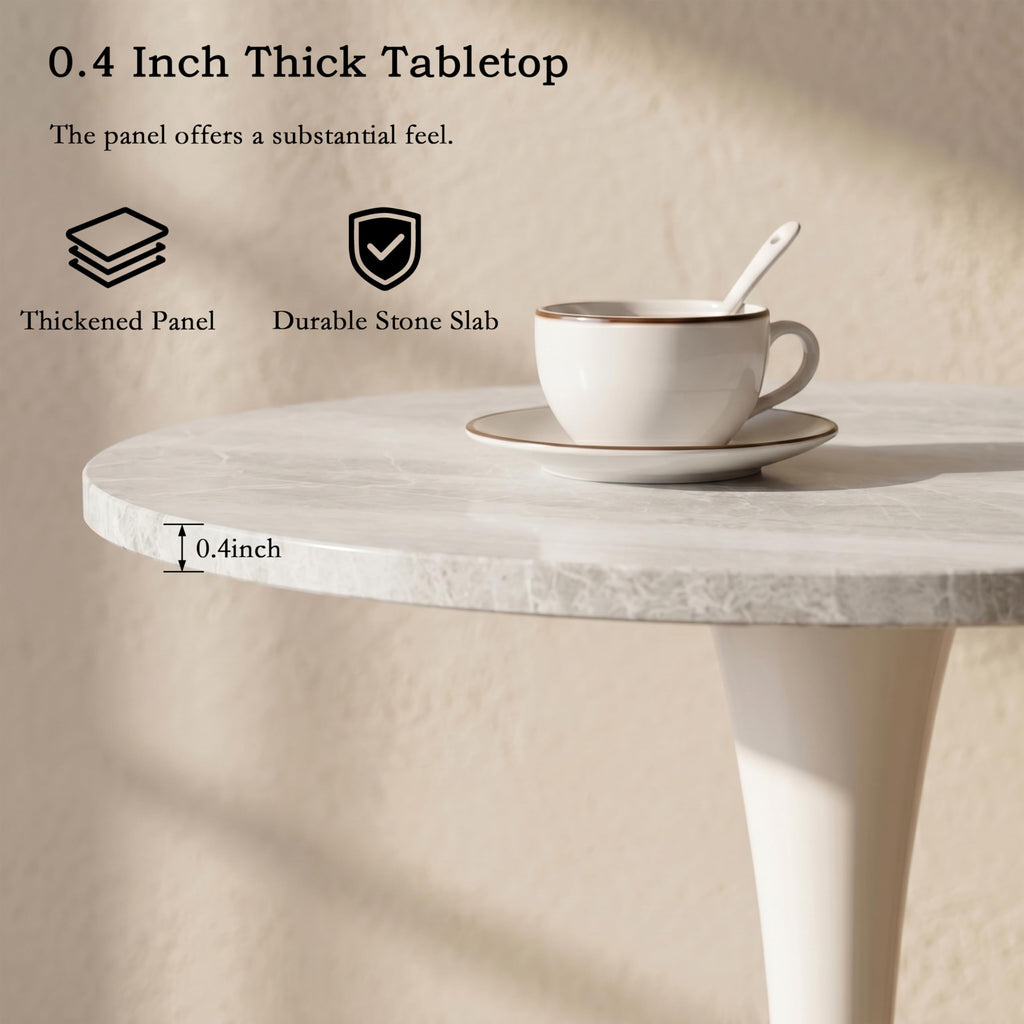 Sybrioka 27.6" Marble Round Tulip Table, Mid-Century Modern Style Dining Table with White Pedestal Base for 2-4 People, Featuring A Marble Tabletop for Kitchen, Dining Room, Cafe (Grayish White)