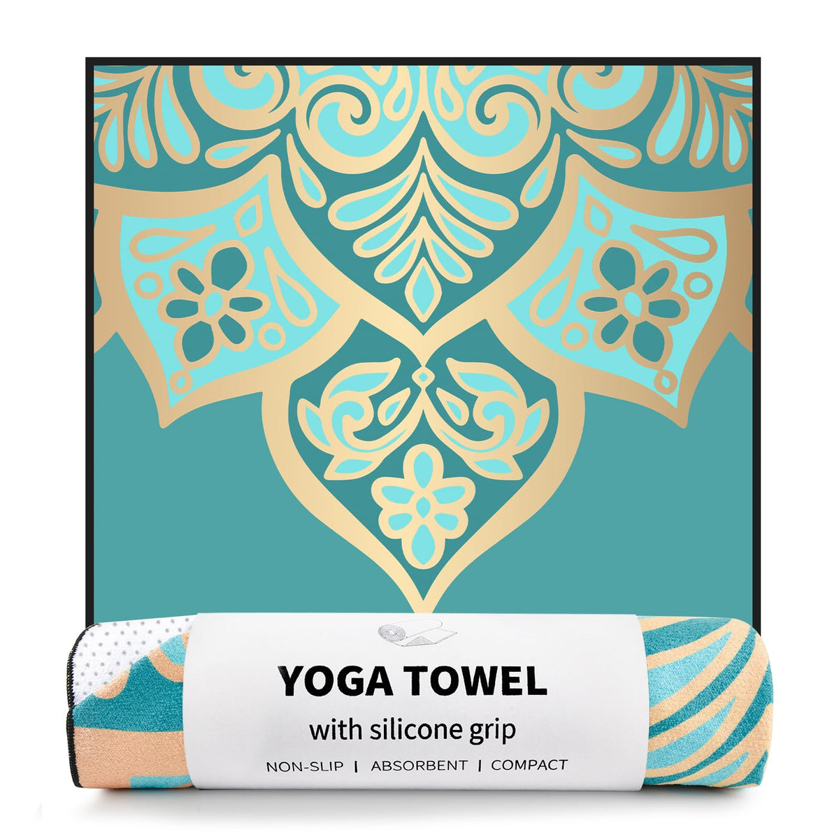 Hot Yoga Towel with Grip Dots, Non Slip, 70"x26, Turquoise Gold Mandala