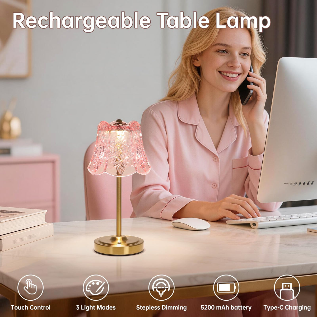 Cordless Touch Table Lamp with 5200mAh Battery - 3 Adjustable Color Temperatures & Dimmable, Rechargeable Desk Lamp for Bedroom, Living Room, Office, Entryway, Bookshelves (Clear Pink Rose)