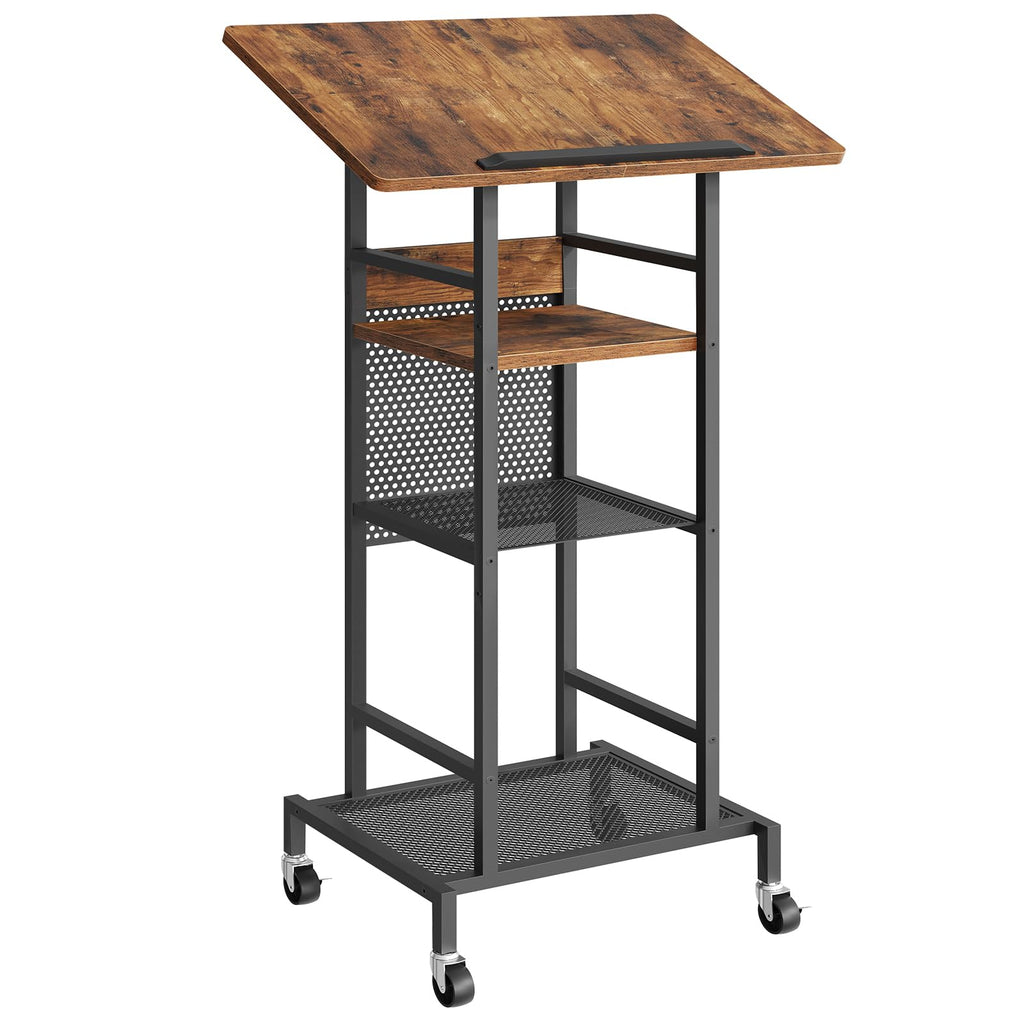 Podium Stand with Locking Wheels, 4-Tier Mobile Lectern with Storage Shelves and Non-Slip Lip, for Classroom, Church, Conference Standing Desk, Rustic Brown and Black LPHR6001