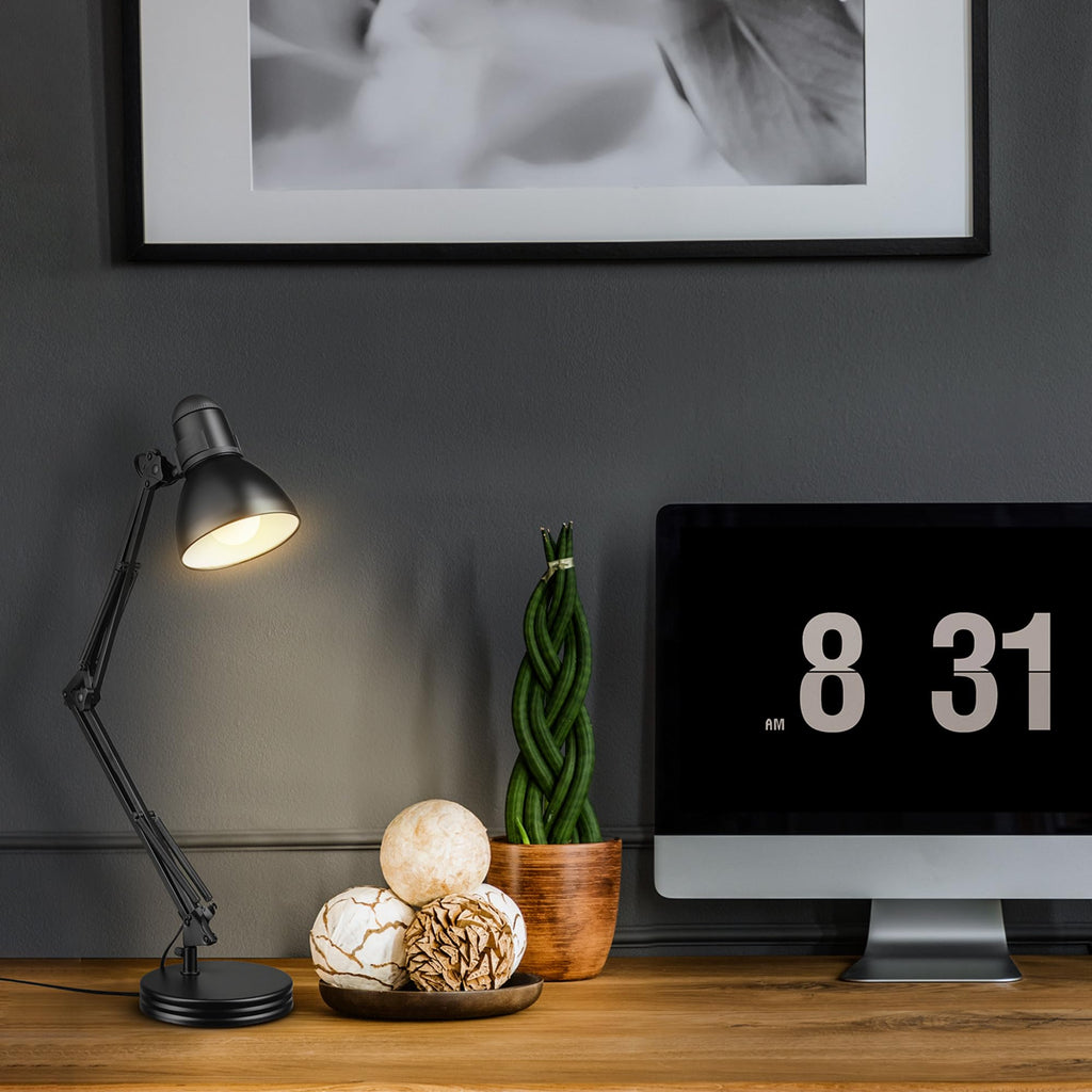 28" Heavy Base Top Moving Spring Balanced Swing Arm Desk Lamp, Black, On/Off Rotary Switch on Shade, Office Decor, Reading Light, Home Essentials, Room Lighting