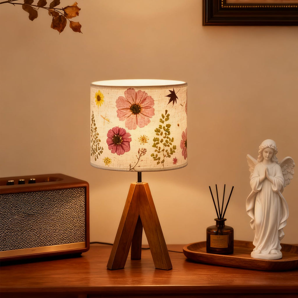 Dried Flowers Tripod Table Lamp 14.96in, 9W LED Dimmable Cute Bedside Lamp with Flowers Linen Lampshade for Nursery, Bedroom, Kid Room, Living Room, Light Brown Wooden Base