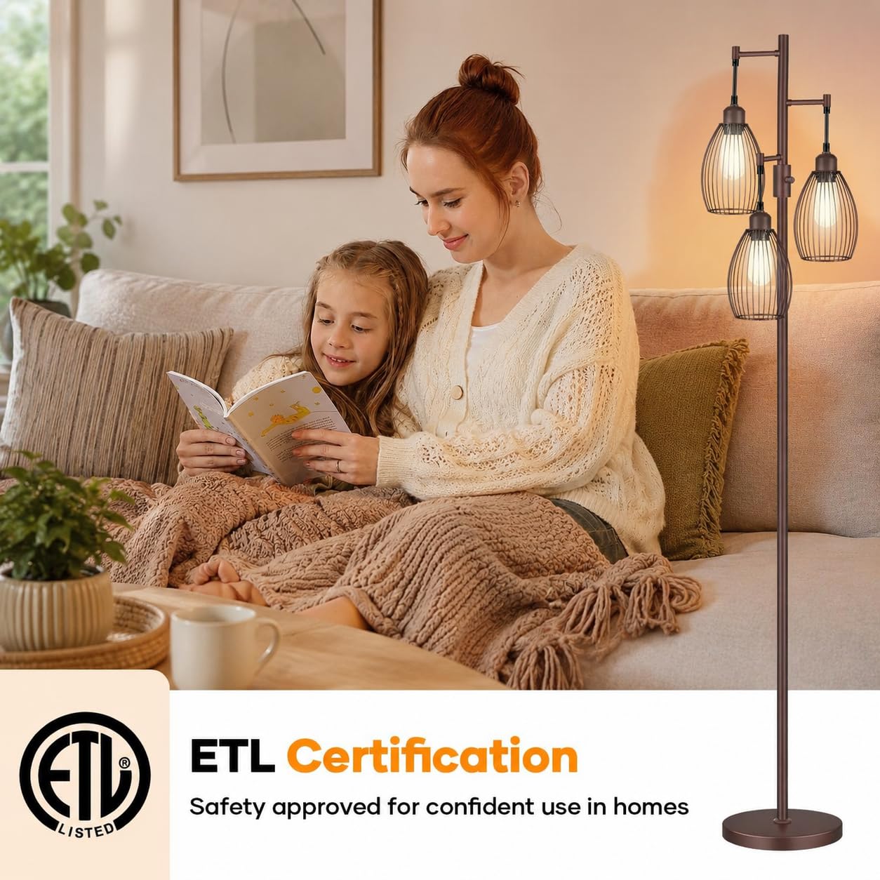 Floor Lamp,3x800LM LED Bulbs Included, Farmhouse Industrial Floor Lamp Standing Tree Lamp with Teardrop Cage Head Tall Lamp for Living Room Bedroom Office Dining Room - Matte Brown