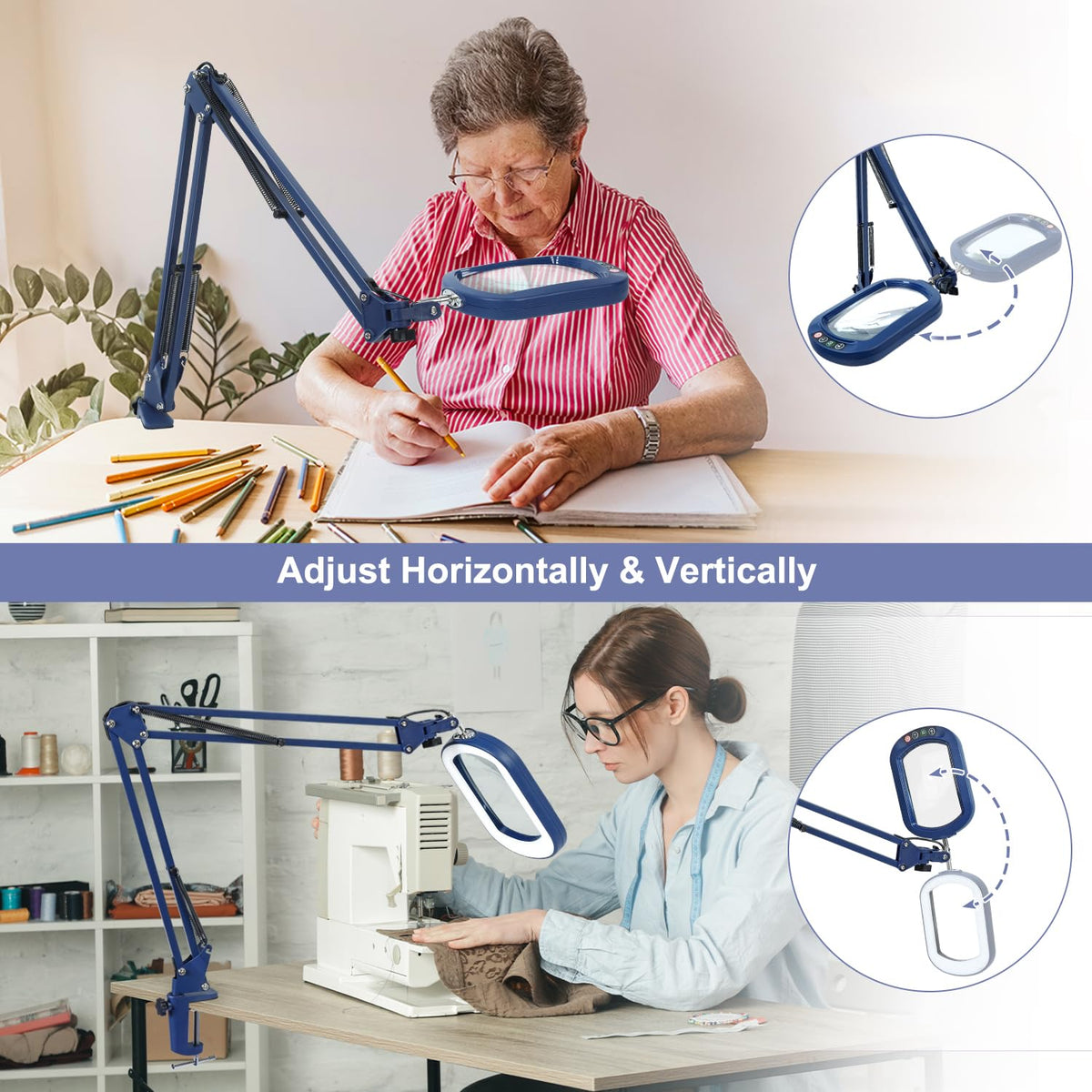 14.35" Large Magnifying Glass with Light and Clamp, Real Glass, 5 Color Modes, Stepless Dimmable, Lighted Magnifier with Stand Hands Free, LED Swing Arm Desk Lamp for Close Work, Craft, Blue