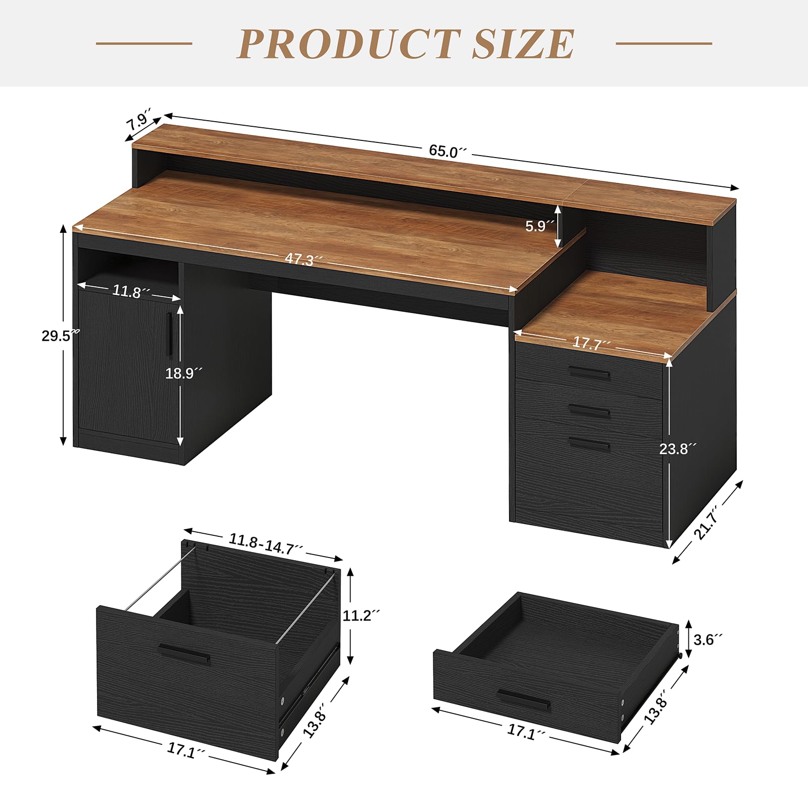 Computer Desk with 3 Drawers & Storage Shelves, 65 Inch Home Office Desk with File Drawer & Cabinet, Writing Study Desks with Monitor Stand & Printer Shelf, Executive Desk, Brown and Black