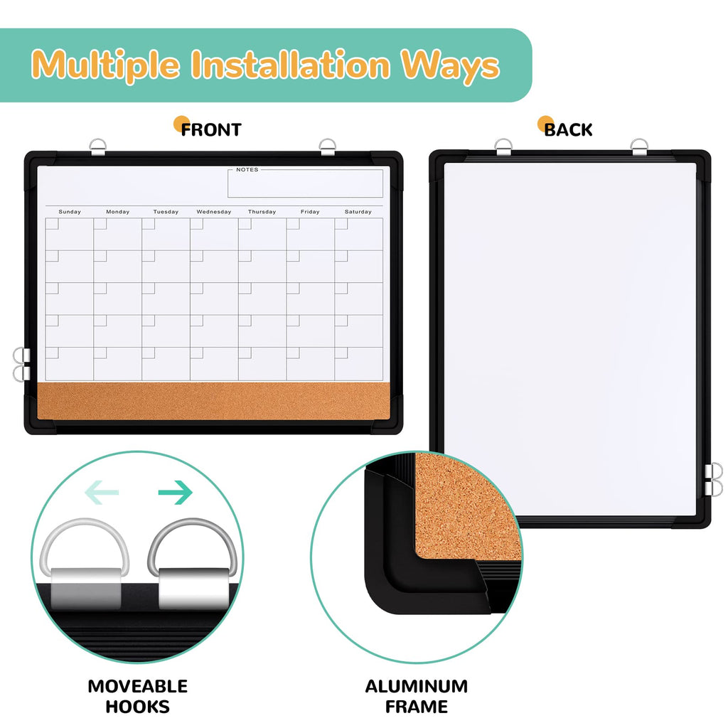 Monthly Calendar Whiteboard for Wall, 17x13 Inches Dry Erase Board with Cork Board Combo, Small Magnetic White Board, Double-Sided Hanging Portable Board for Office School Home Kitchen Planner, Black