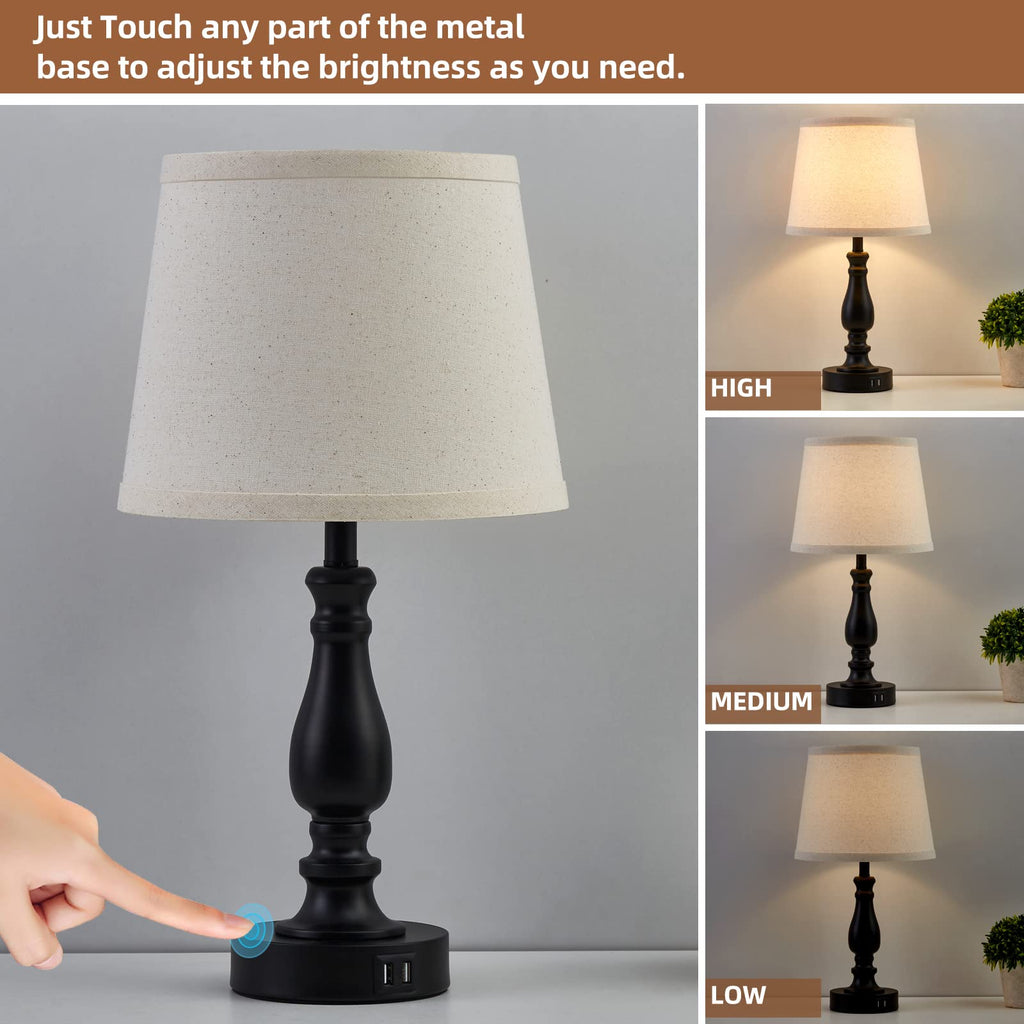 Lamps for Bedroom Set of 2,Touch Bedside Table Lamp with USB C+A Ports,Dimmable Nightstand Lamps with Round Fabric Linen Lampshade for Living Room Reading Bed Side End Table,Bulbs Included