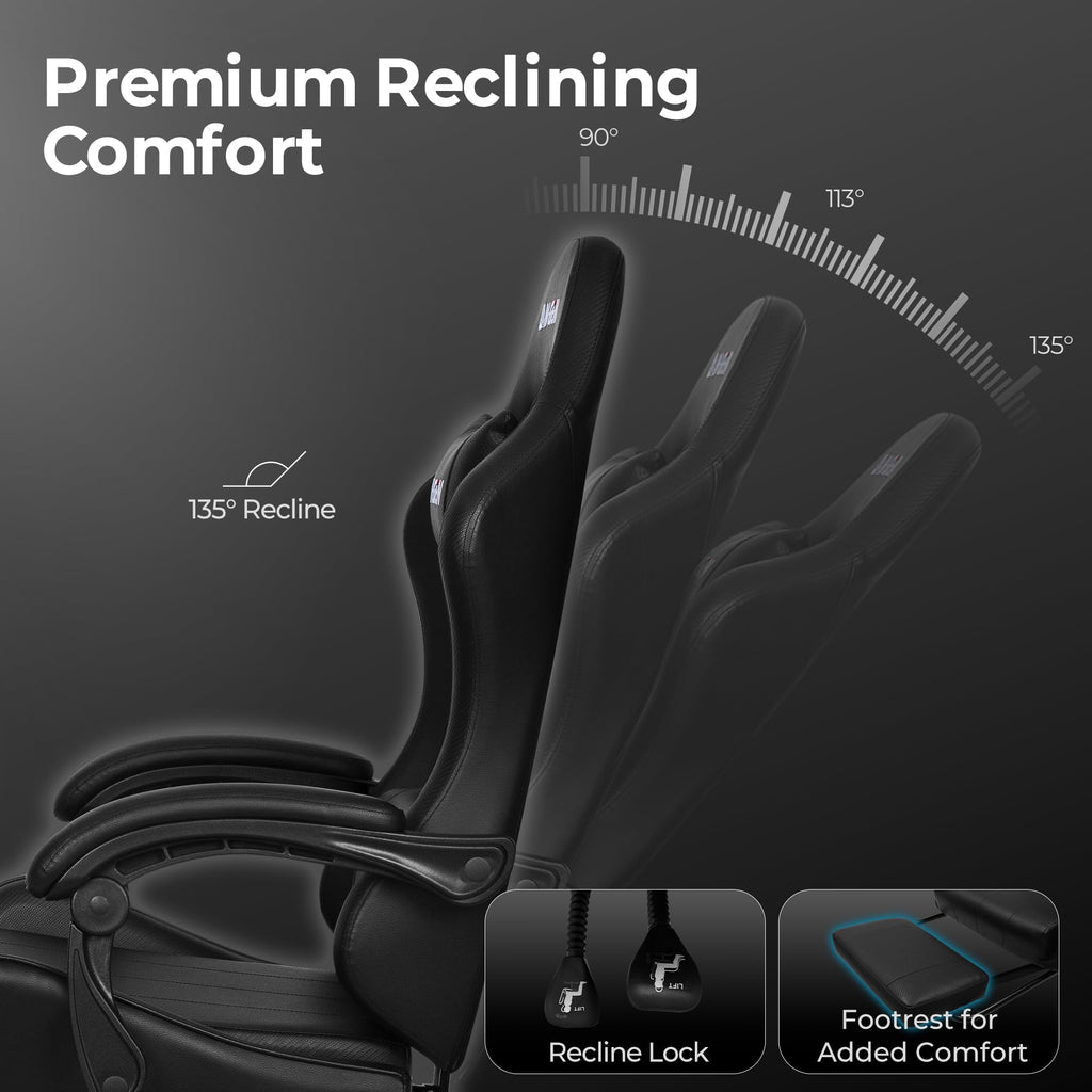 Gaming Chair with Footrest Lumbar Support for Home Office High Back Recliner Height Adjustable Ergonomic Comfy Leather Computer Desk Chair (Deep Black)