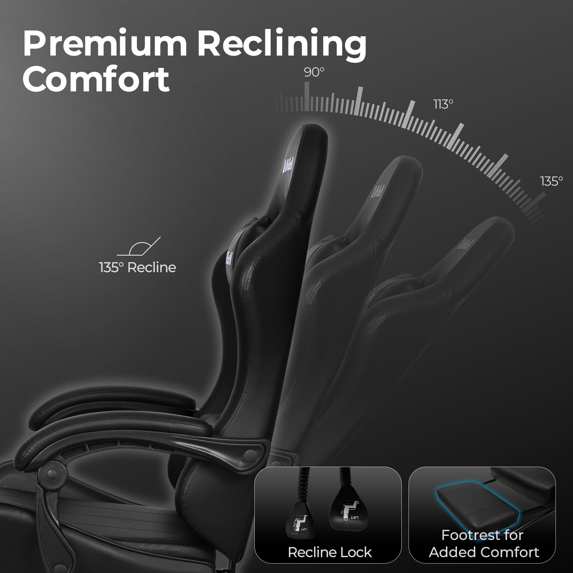 Gaming Chair with Footrest Lumbar Support for Home Office High Back Recliner Height Adjustable Ergonomic Comfy Leather Computer Desk Chair (Deep Black)