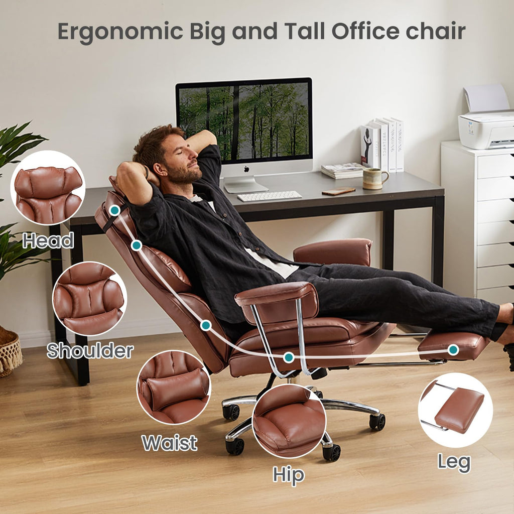 Home Office Desk Chair Comfy with Foot Rest, PU Leather Ergonomic Big and Tall High Back Support, 360° Swivel Wheels, Armrests and Detachable Pillow, Height Adjustable, Brown