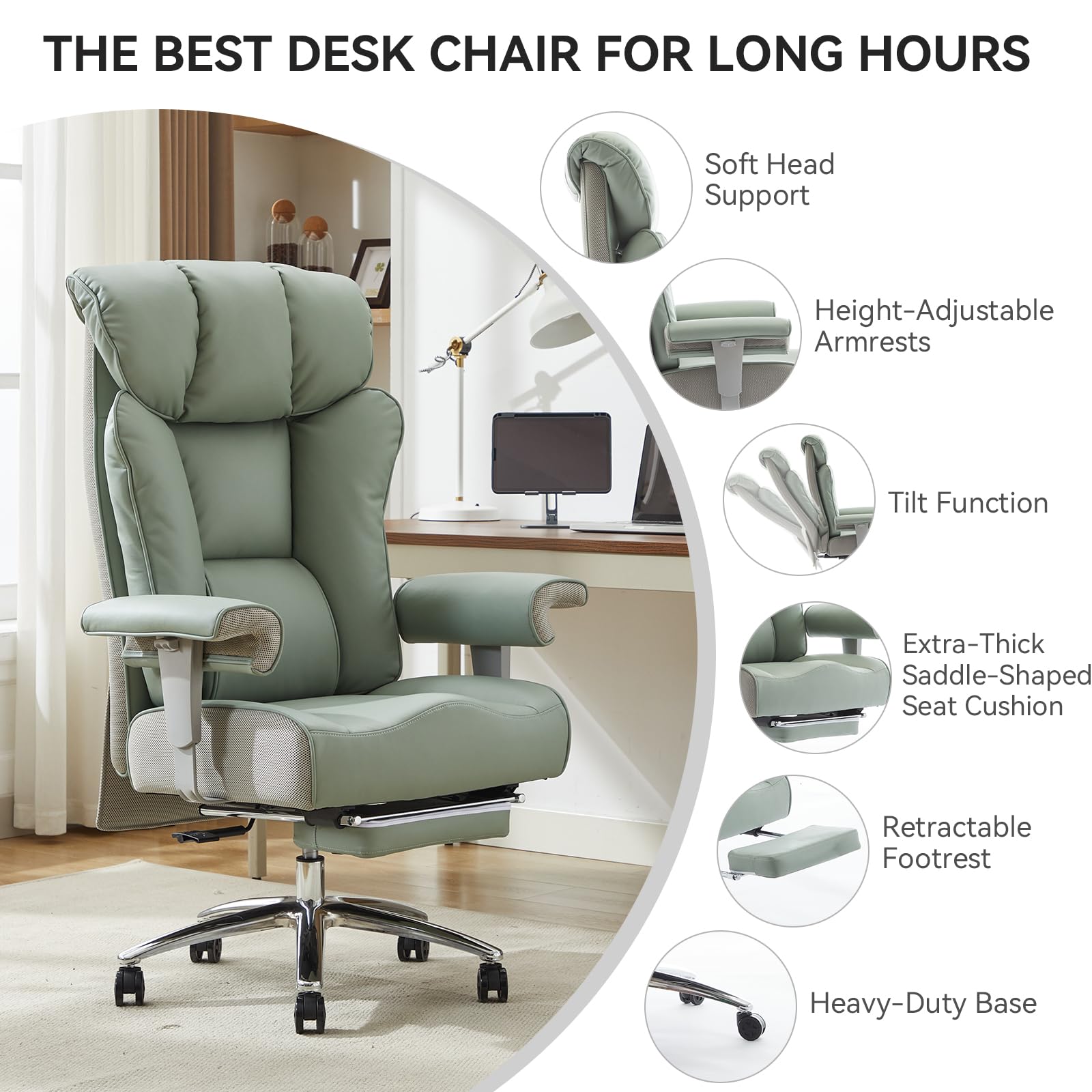 Big and Tall Office Chair 400lbs - Heavy Duty Executive Desk Chair with Foot Rest & 23" Wide Seat - High Back Ergonomic Leather Computer Chair for Heavy People, Home Office, Green