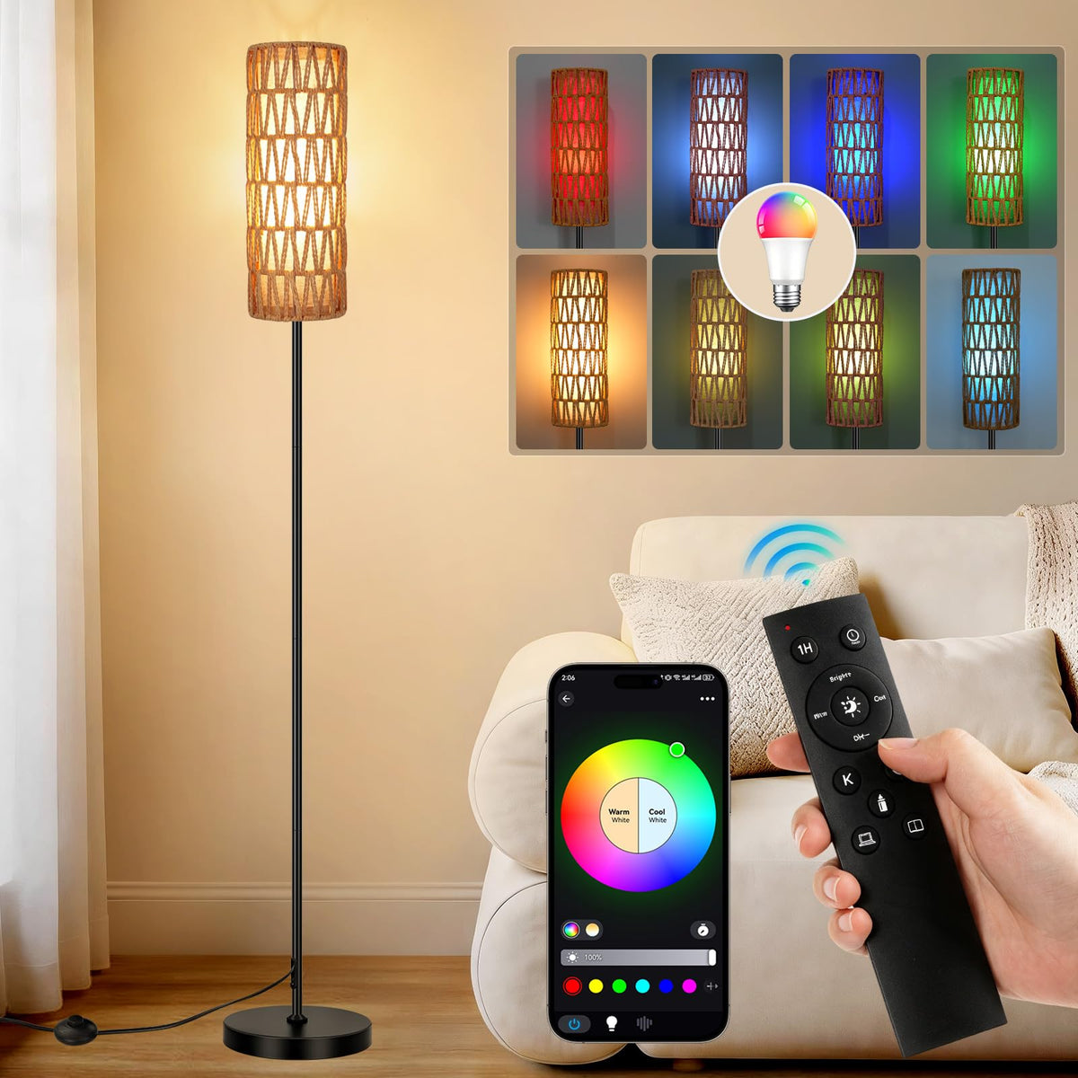 Floor Lamp for Living Room with Smart RGB Bulb, Black Standing Lamp with Remote, Color Changing Tall Lamps with Music Sync for Bedroom (1-Black)