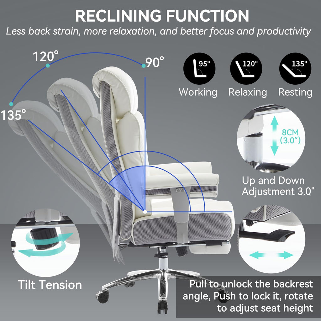 Big and Tall Office Chair with Footrest, 450lbs High Back Executive Chair with Spring Cushion, PU Leather Upholstery, Padded Armrests, Swivel Base, and Rolling Wheels – White Computer Chair