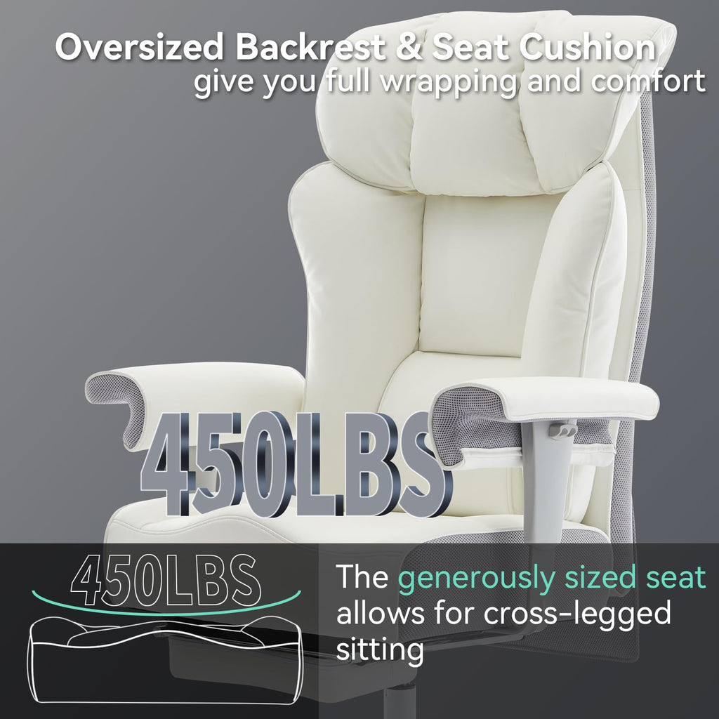 Big and Tall Office Chair with Footrest, 450lbs High Back Executive Chair with Spring Cushion, PU Leather Upholstery, Padded Armrests, Swivel Base, and Rolling Wheels – White Computer Chair