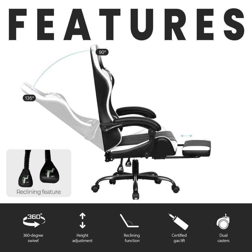 Gaming Chair with Footrest Lumbar Support for Home Office High Back Recliner Height Adjustable Ergonomic Comfy Leather Computer Desk Chair (White)
