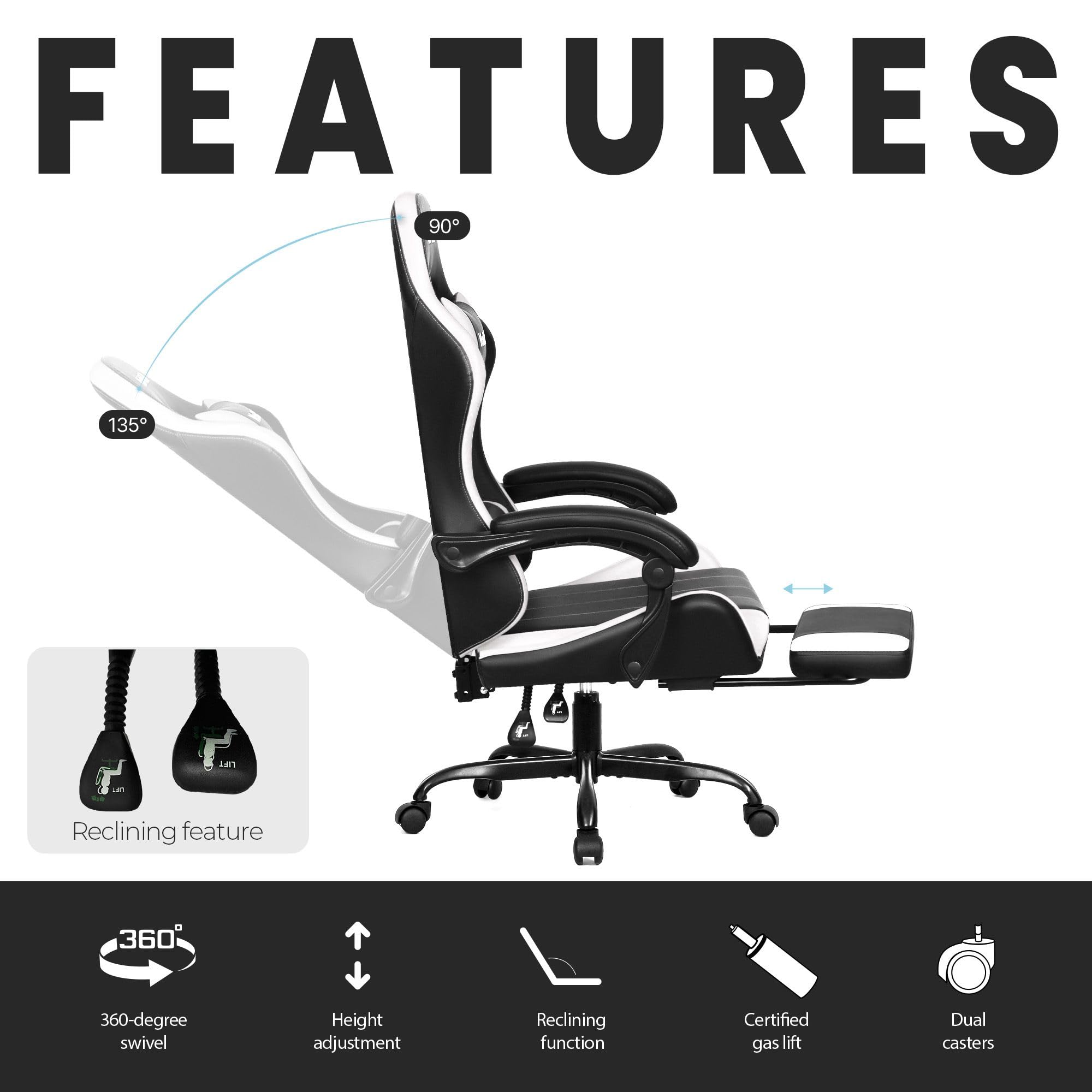 Gaming Chair with Footrest Lumbar Support for Home Office High Back Recliner Height Adjustable Ergonomic Comfy Leather Computer Desk Chair (White)