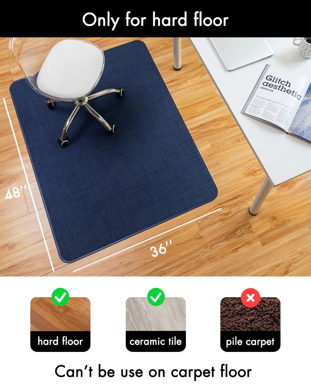 Office Chair Mat for Hardwood Floor Under Desk Computer Rolling Chair Mat for Wood/Tile Floor Non-Slip Heavy Duty Desk Rug PVC Plastic Hard Floor Protector 36" x 48"(Indigo)