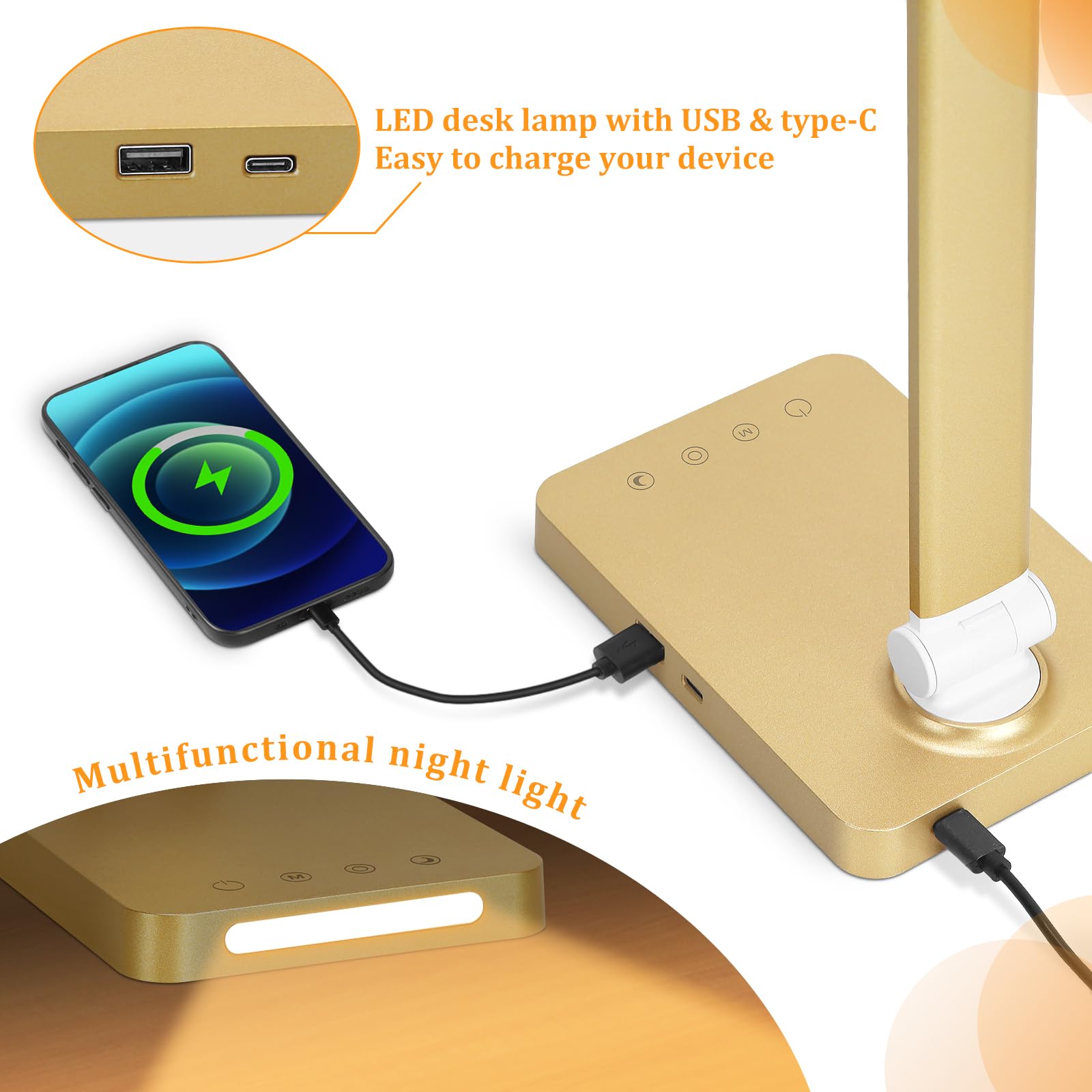 LED Desk Lamp with USB Ports,Touch Desk Lamps for Home Office with 5 Color Modes,3 Brightness Desk Light with Small Night Light,Reading Lamp Table Lamp for Bedroom Bedside Study Gold （with adapter）