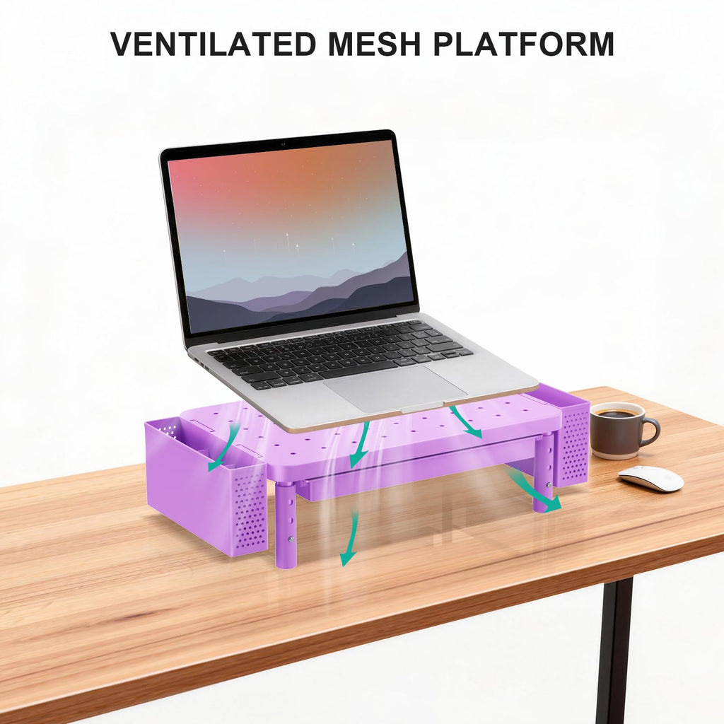 Computer Monitor Stand with Storage, Desk Organizer with Drawer and Pen Holder, Desk Monitor Riser 3 Height Adjustable, Laptop Riser for Laptop, Printer (PTT003-V), 1 Pack, Violet