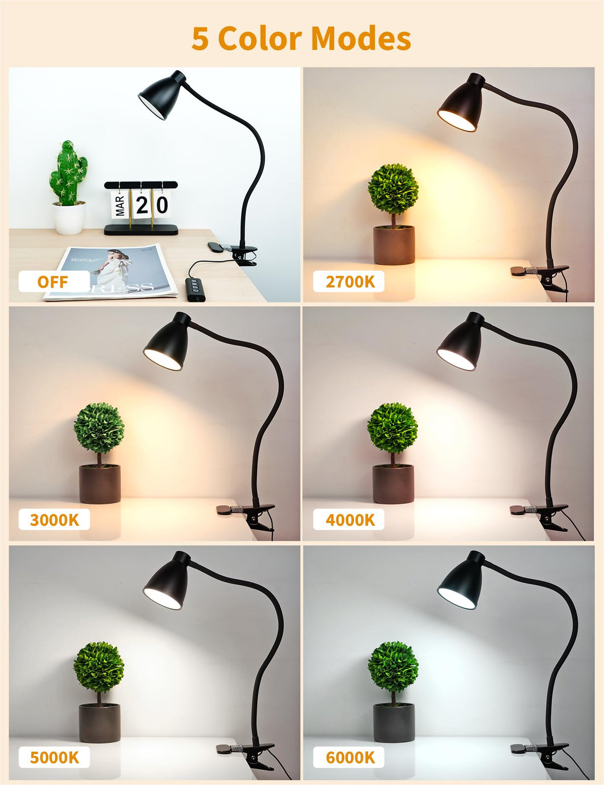 Desk Lamp 5 Color Modes 10 Brightness Dimmer Reading Light Black