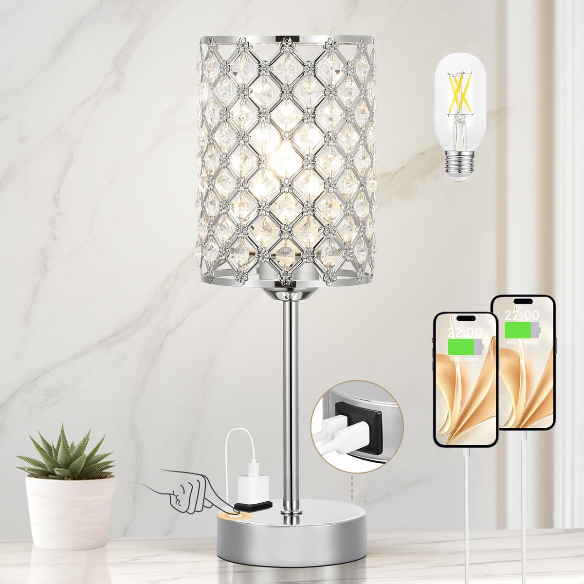 Sliver Crystal Table Lamp with Touch Control, Bedside Lamp for Nightstand