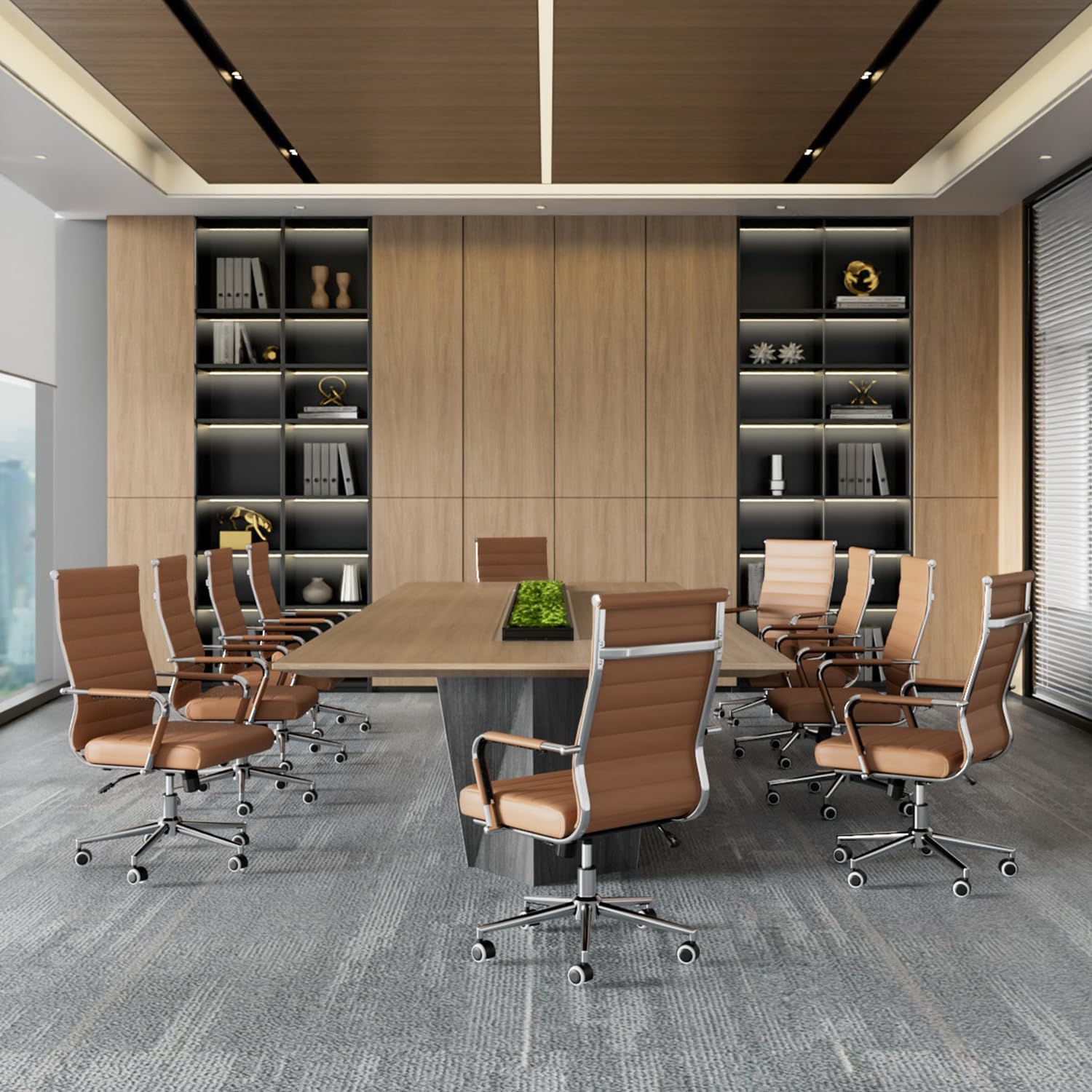 Office Desk Chair, Ergonomic Leather Modern Conference Room Chairs, Executive Ribbed Height Adjustable Swivel Rolling Chair for Home Office. (Brown)