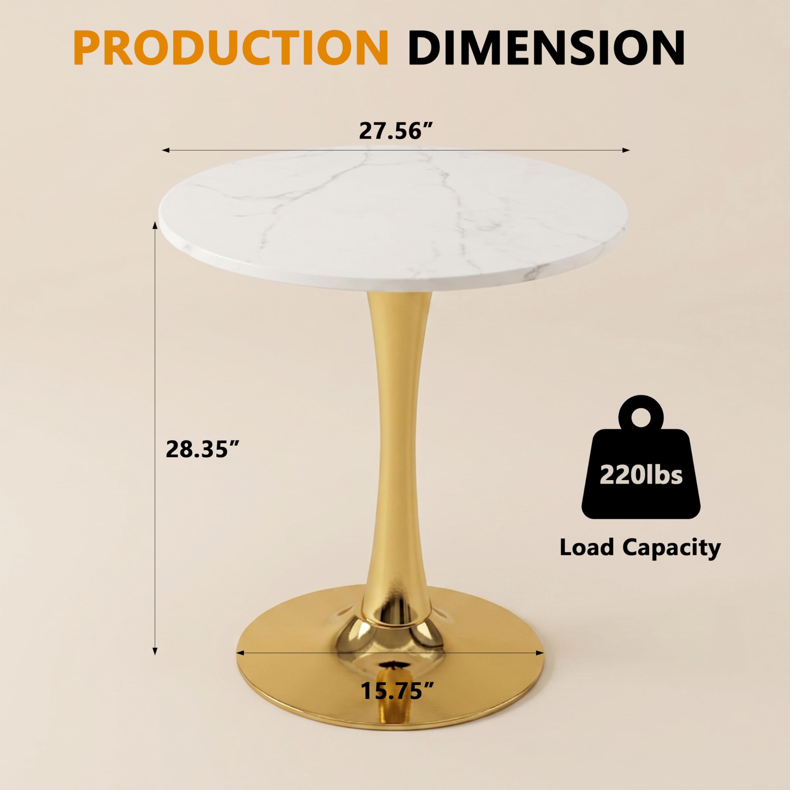 Sybrioka 27.6" Marble Round Tulip Table, Mid-Century Modern Style Dining Table with Gold Pedestal Base for 2-4 People, Featuring A Marble Tabletop for Kitchen, Dining Room, Cafe (White)