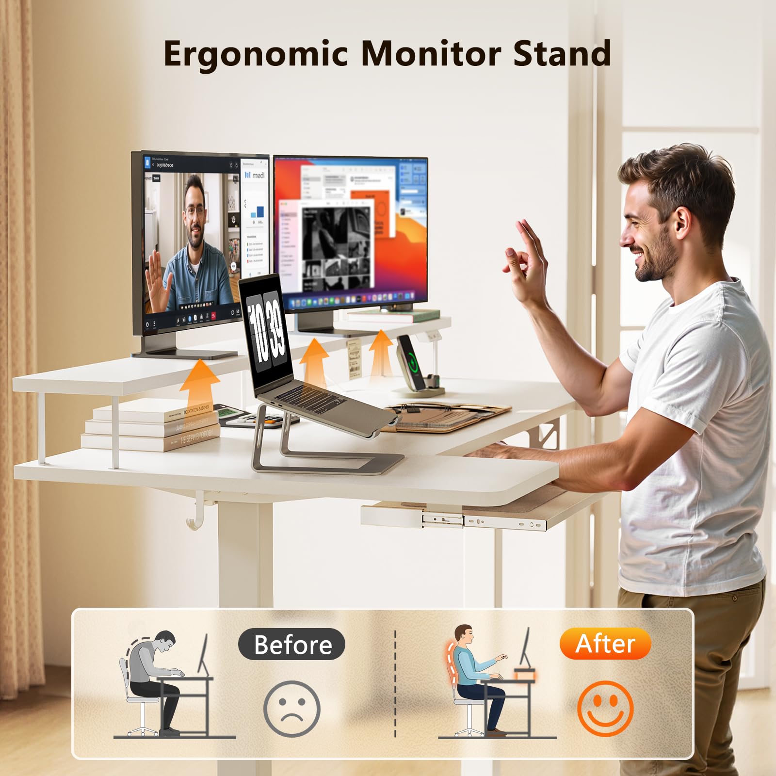U Shaped Electric Standing Desk with Keyboard Tray, 55 Inch Height Adjustable Desk with Power Outlets & LED Lights, Sit Stand Table with Monitor Stand for Home, Office, White