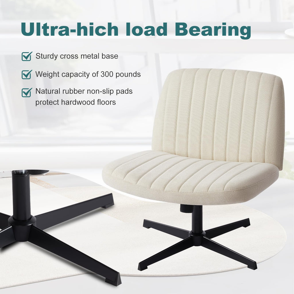 Criss Cross Legged Chairs Armless No Wheels Wide Seat Height Adjustable Swivel Padded Fabric Home Office Desk Chair for Bedroom, Student, Study Room,Beige