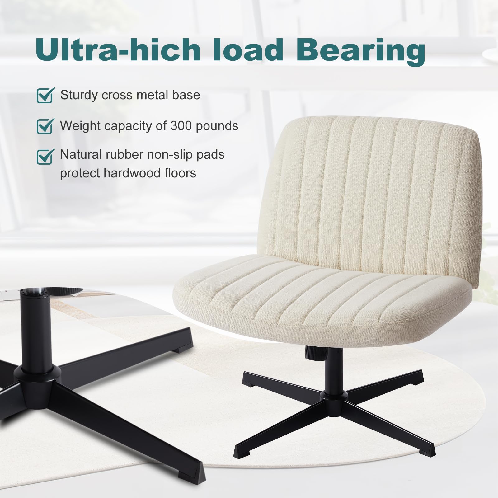 Criss Cross Legged Chairs Armless No Wheels Wide Seat Height Adjustable Swivel Padded Fabric Home Office Desk Chair for Bedroom, Student, Study Room,Beige