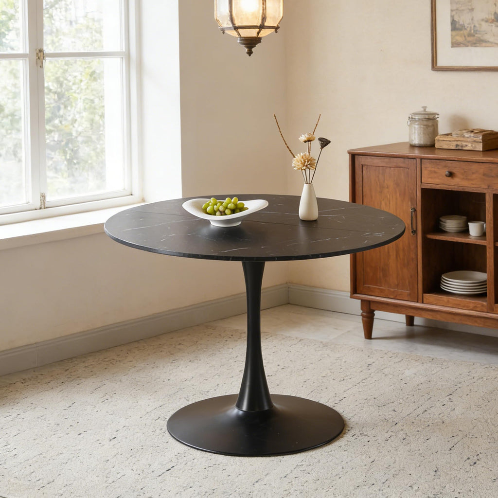 Sybrioka 42" Tulip Table for 4-6 Persons Modern Round Dining Table, Mid-Century Modern Black Marble Small Kitchen Table with MDF Wooden Top, Leisure Coffee Table for Living Room, Dining Room, Office