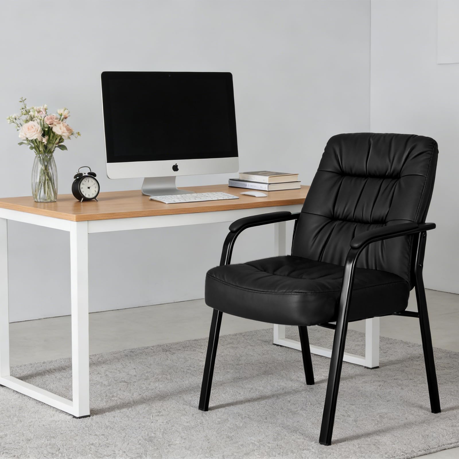 Office Waiting Room Guest Chair, 500lbs Office Reception Lobby PU Leather Chair No Wheels with Padded Armrest for Conference Lobby Medical Waiting Area Bedroom Elderly, Black