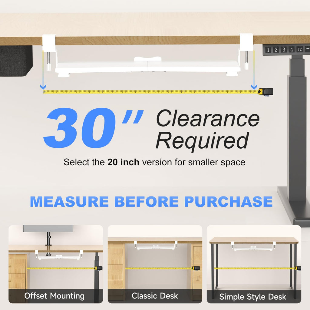 Keyboard Tray Under Desk Pull Out with C Clamp Mount, Computer Keyboard & Mouse Tray, 25.6 (30 Including Clamps) x 11.8 inch Slide-Out Platform Computer Drawer for Typing, White,