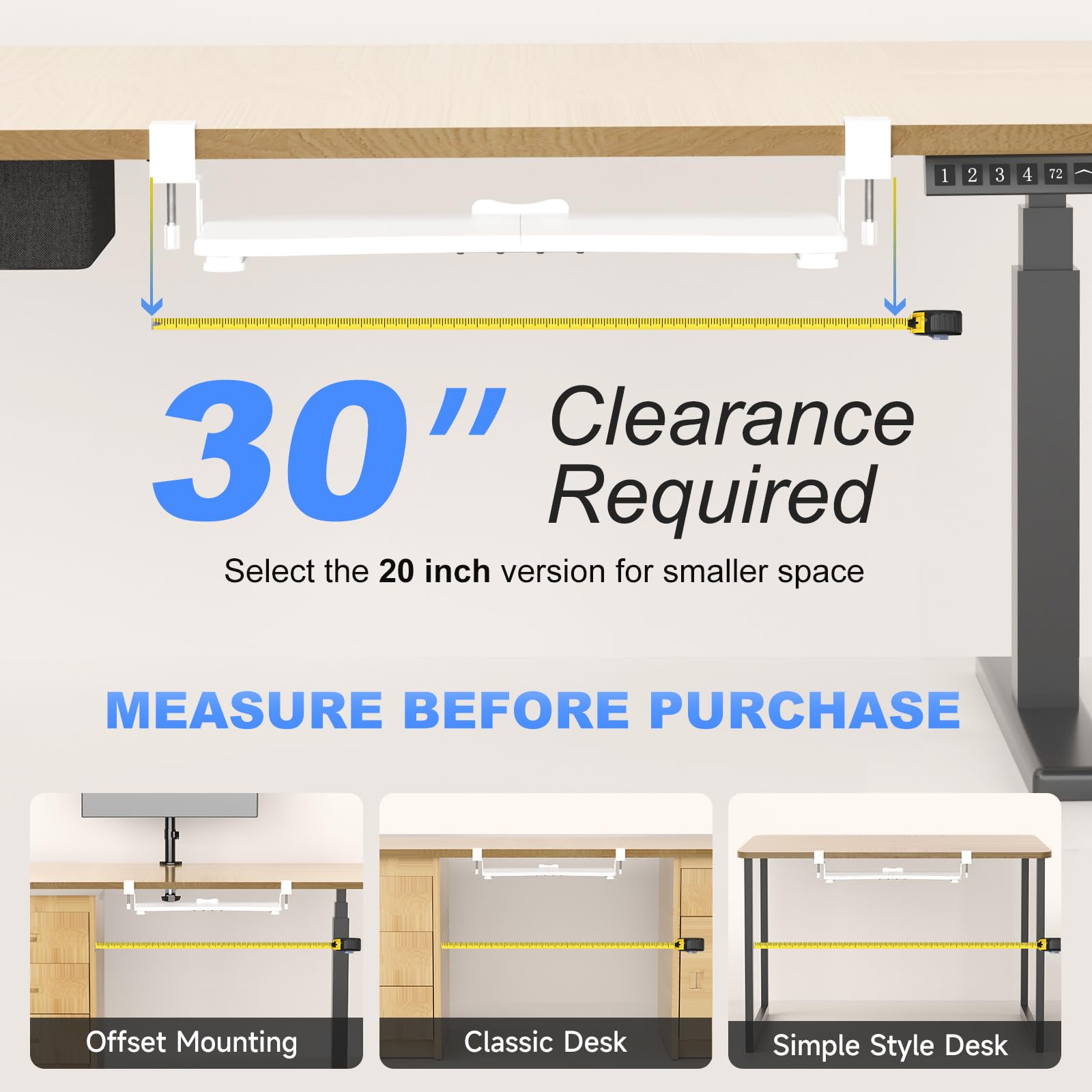 Keyboard Tray Under Desk Pull Out with C Clamp Mount, Computer Keyboard & Mouse Tray, 25.6 (30 Including Clamps) x 11.8 inch Slide-Out Platform Computer Drawer for Typing, White,