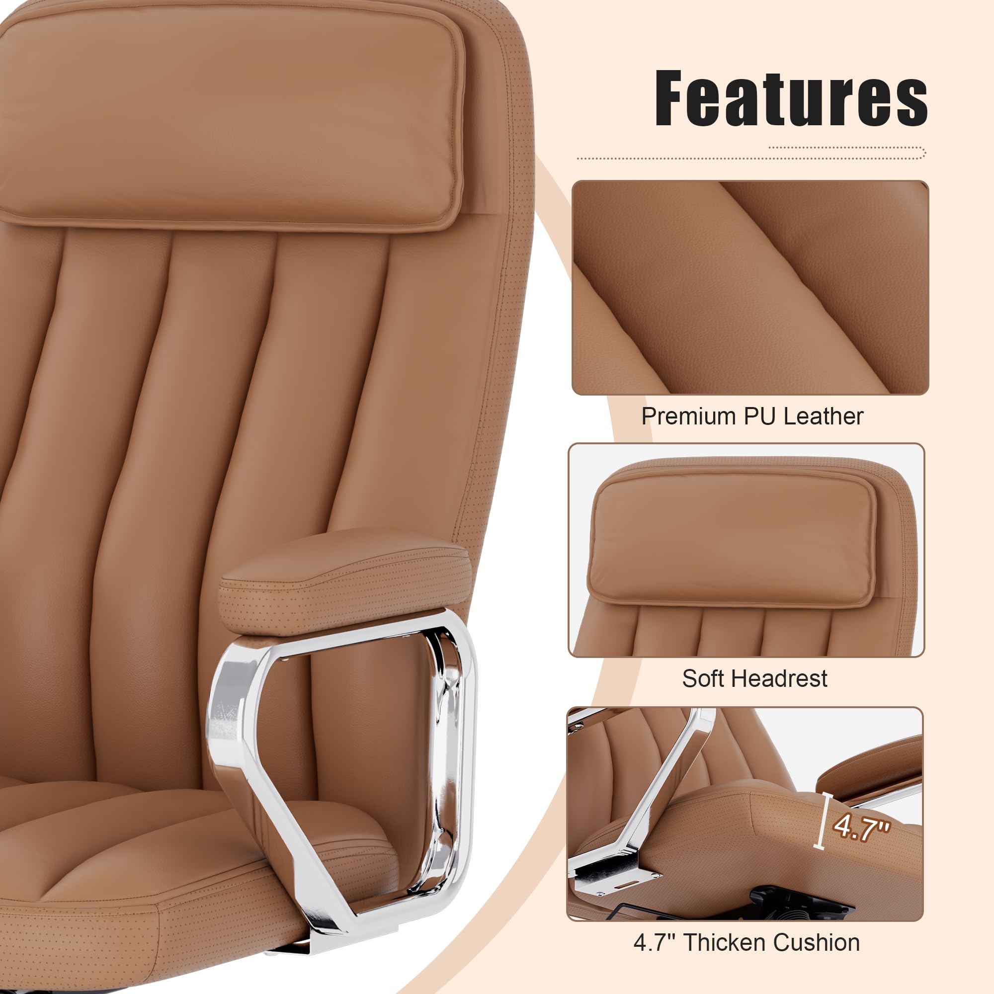 Executive Office Chair, Modern Leather Chair with Headrest & Lumbar Support, High Back Ergonomic Chair with Padded Armrests & Seat, Height Adjustable Swivel Rolling Chair for Home Office.