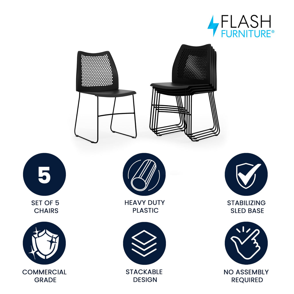 ( Set of 5)Hercules Series Contoured Lobby Chairs with Air-Vent Honeycomb Backs, Ergonomic Stacking Chairs for Offices, Black