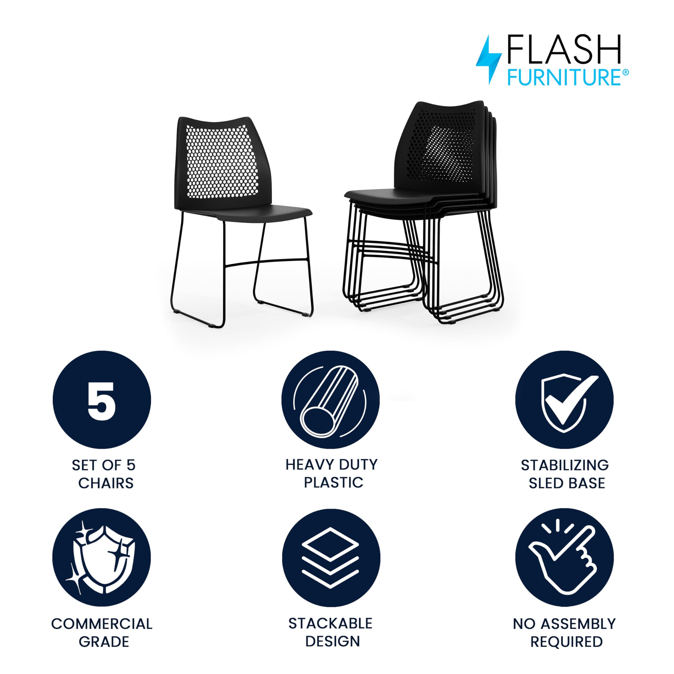 ( Set of 5)Hercules Series Contoured Lobby Chairs with Air-Vent Honeycomb Backs, Ergonomic Stacking Chairs for Offices, Black