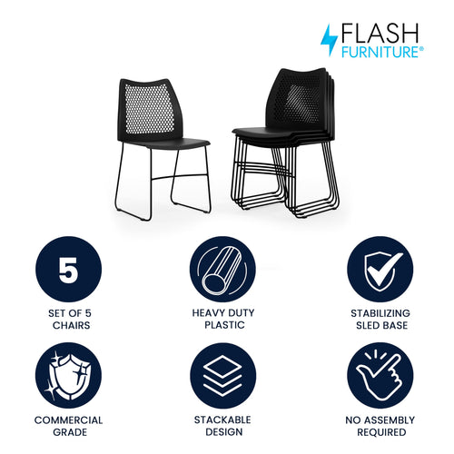 ( Set of 5)Hercules Series Contoured Lobby Chairs with Air-Vent Honeycomb Backs, Ergonomic Stacking Chairs for Offices, Black