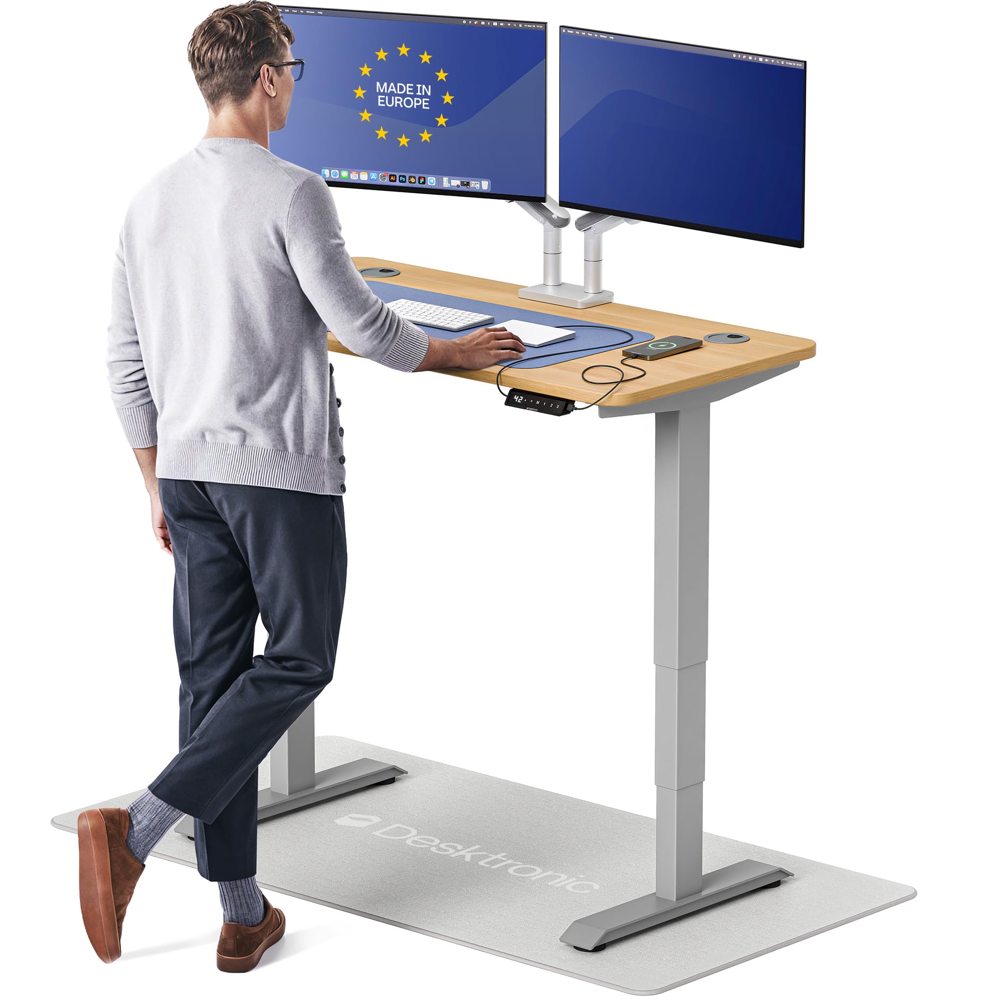 Standing Desk 48x24 — Made in Europe, Ergonomic Sit Stand Home Office Desk, Electric Height Adjustable, Dual Motor, USB & USB-C Charging, Wobble-Free, Touchscreen, 3 Memory Presets