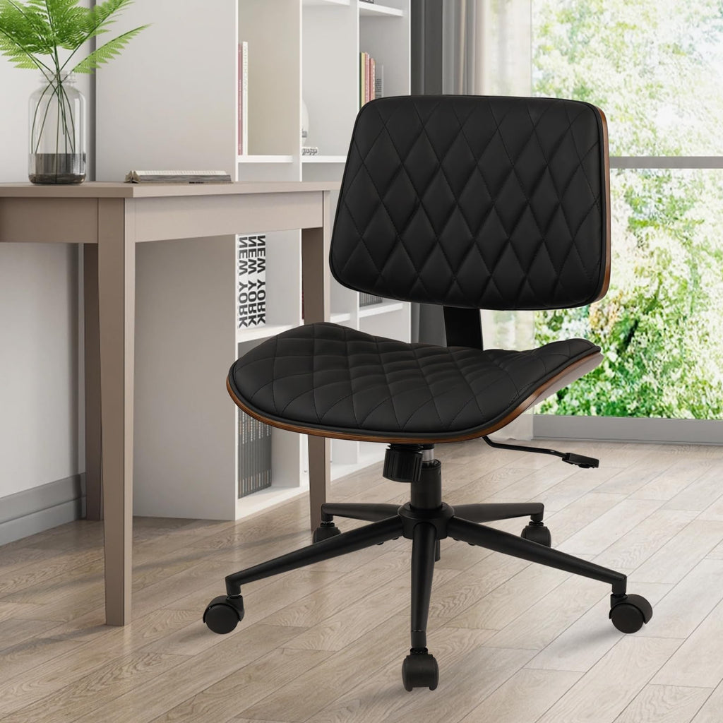 (4 pk) Home Office Desk Chair with Wheels, Adjustable Height Armless Office Chair, PU Leather Mid Back 360 Swivel Computer Chair, Modern Walnut Chair for Home, Meeting, Reading Room,Black