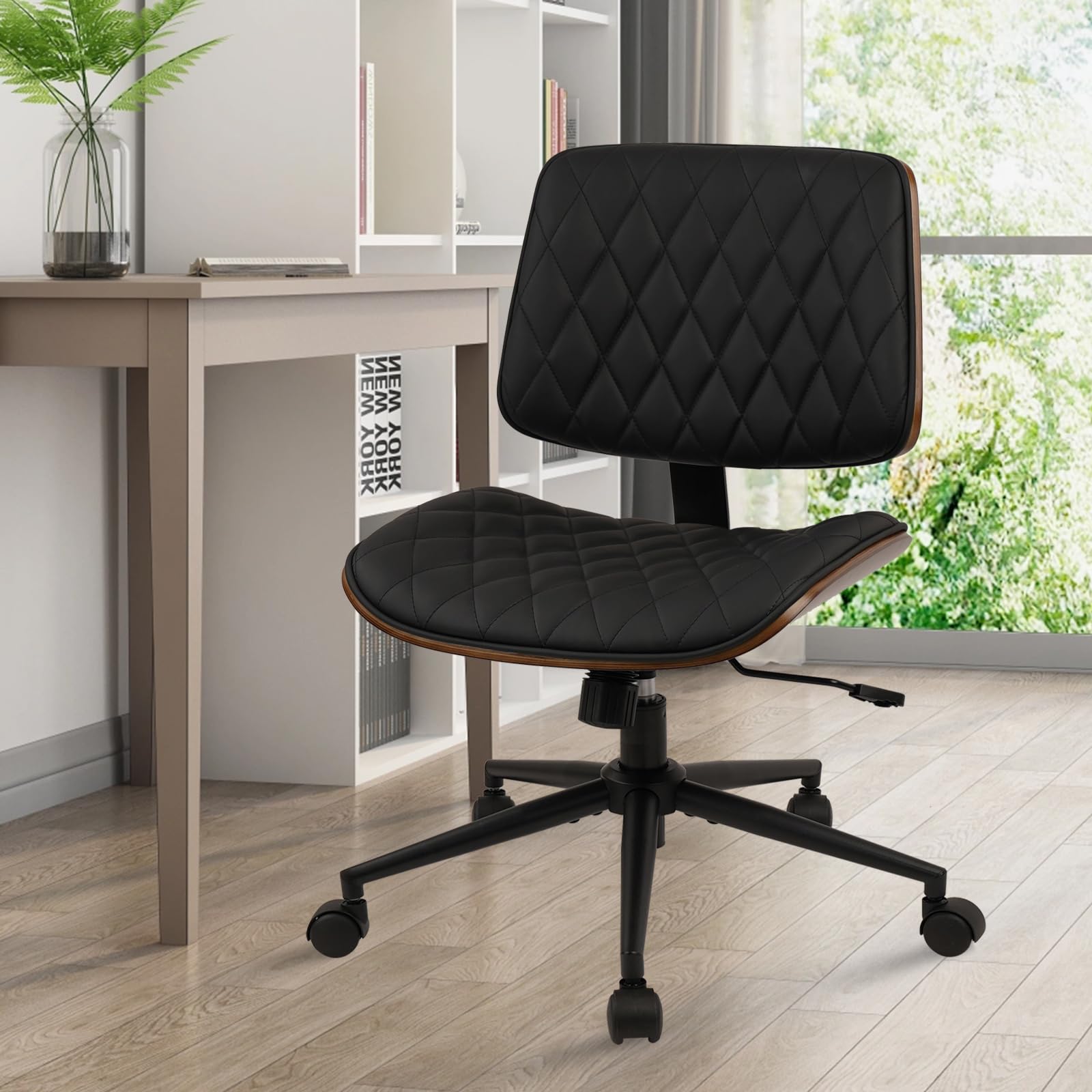 (4 pk) Home Office Desk Chair with Wheels, Adjustable Height Armless Office Chair, PU Leather Mid Back 360 Swivel Computer Chair, Modern Walnut Chair for Home, Meeting, Reading Room,Black